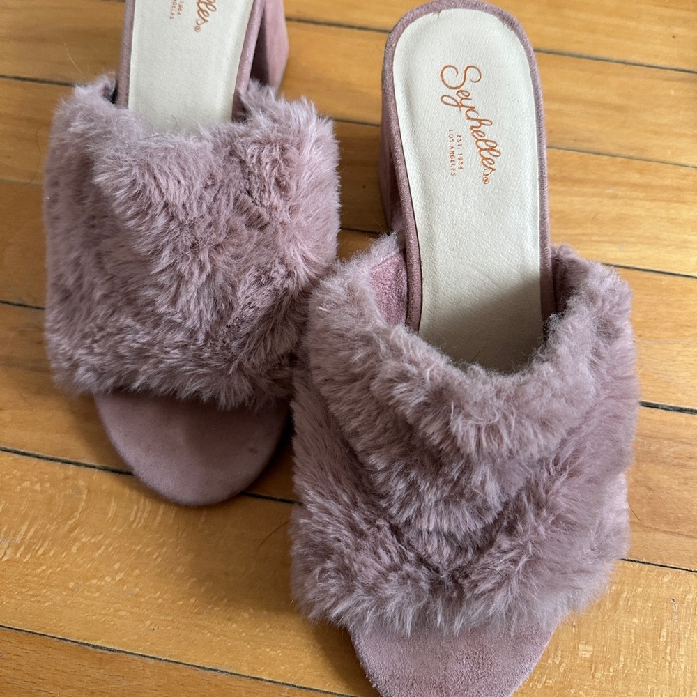 Seychelles Pink Block Heel Fur/Fluffy Mule Sandals